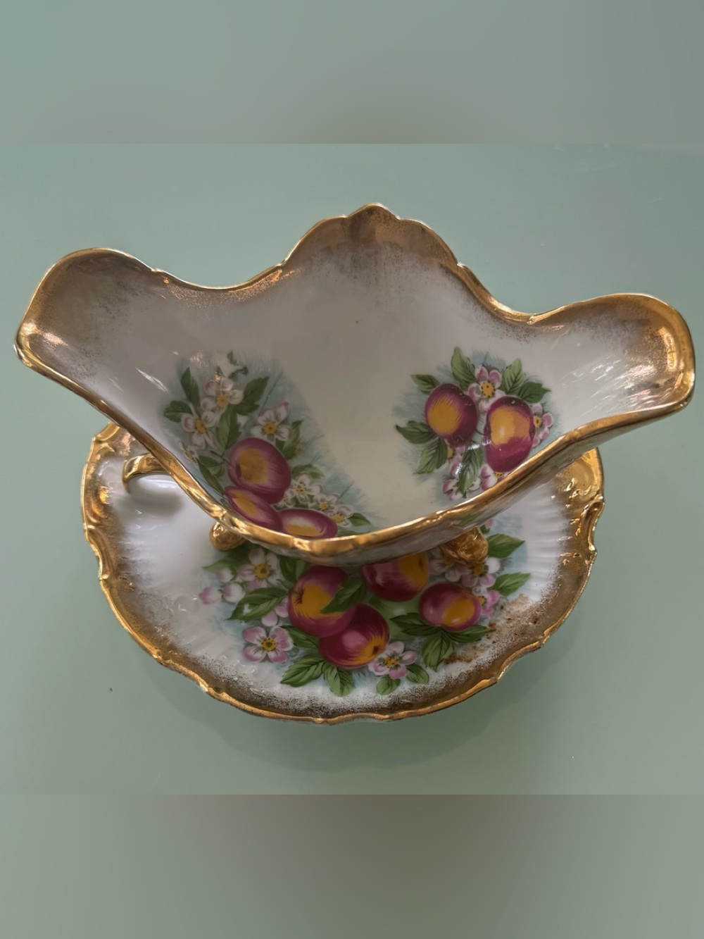 Vintage Royal Crown "Apple Blossom" Footed Sauce Boat & Ring Handled Dish Set 2